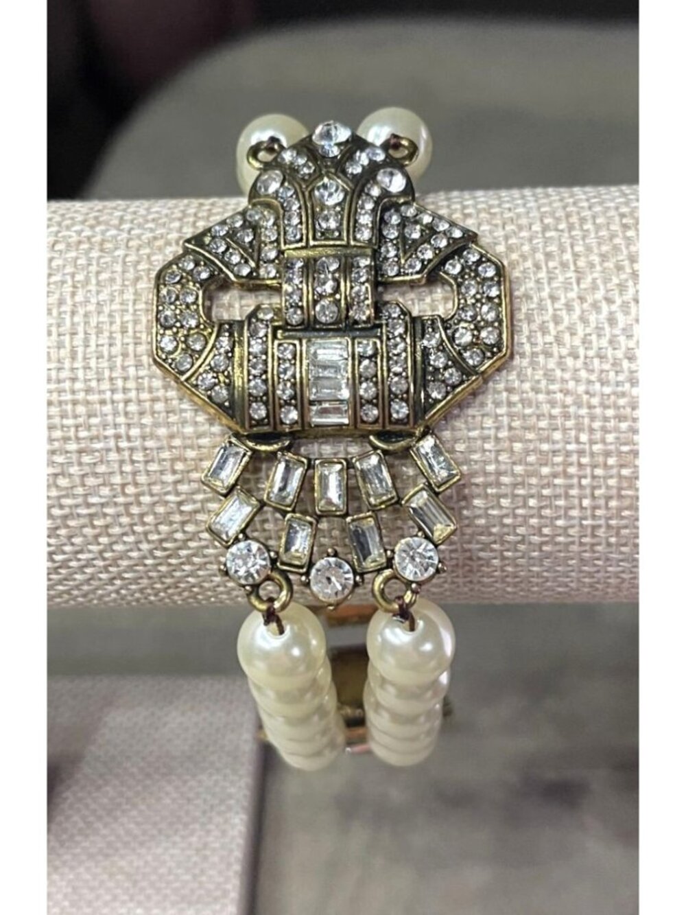 Vintage 90s Art Deco Style Multi Strand Faux Pearl Bracelet Crystal Rhinestone C